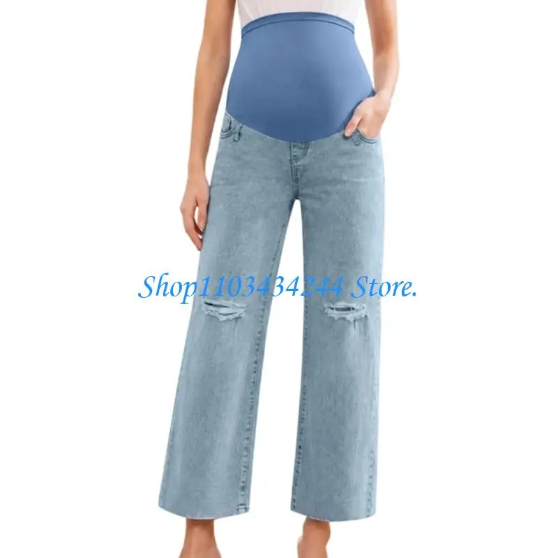  Knee Opening Maternity Jeans for Women Straight Leg Light Blue Pants with Pockets Over Belly Support for Daily Wear
