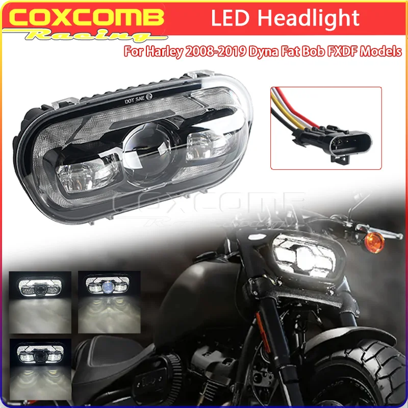 Motorcycle Front LED Headlight E‑Mark E9 High Low Beam With DRL IP67 PC For Harley Dyna Fat Bob FXDF 2008‑2019 Light FXFB FXFBS