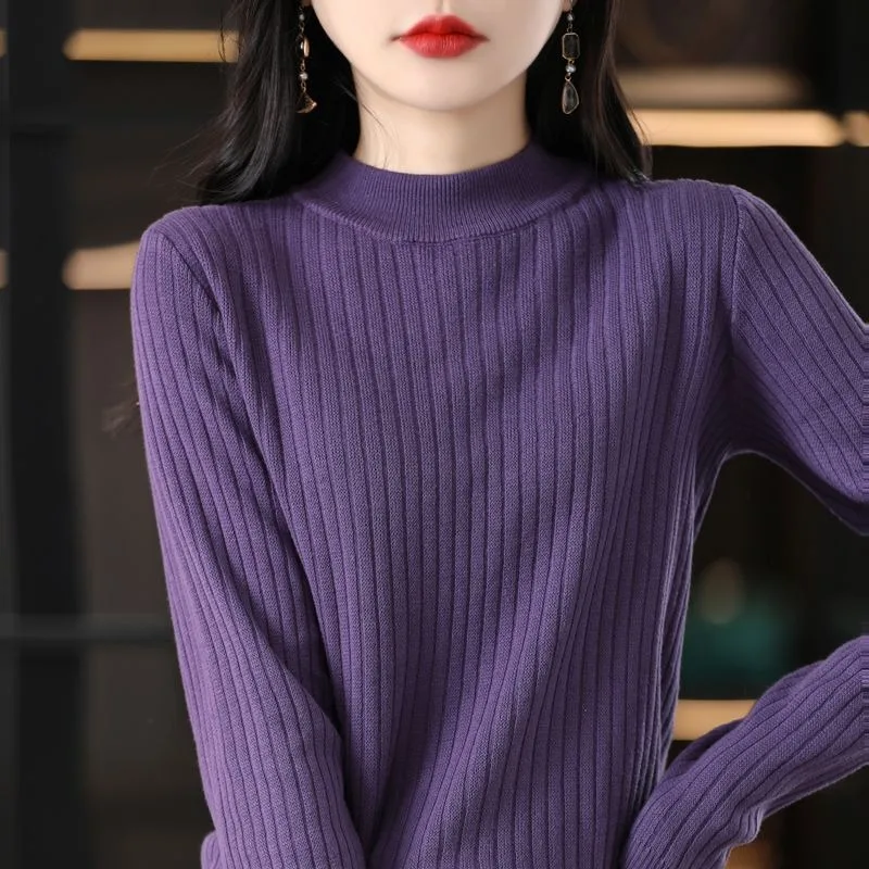 Women Half Turtleneck Knit Top Vertical Ribbed Loose Plus Size Thick Long Sleeve Autumn Winter Base Sweater