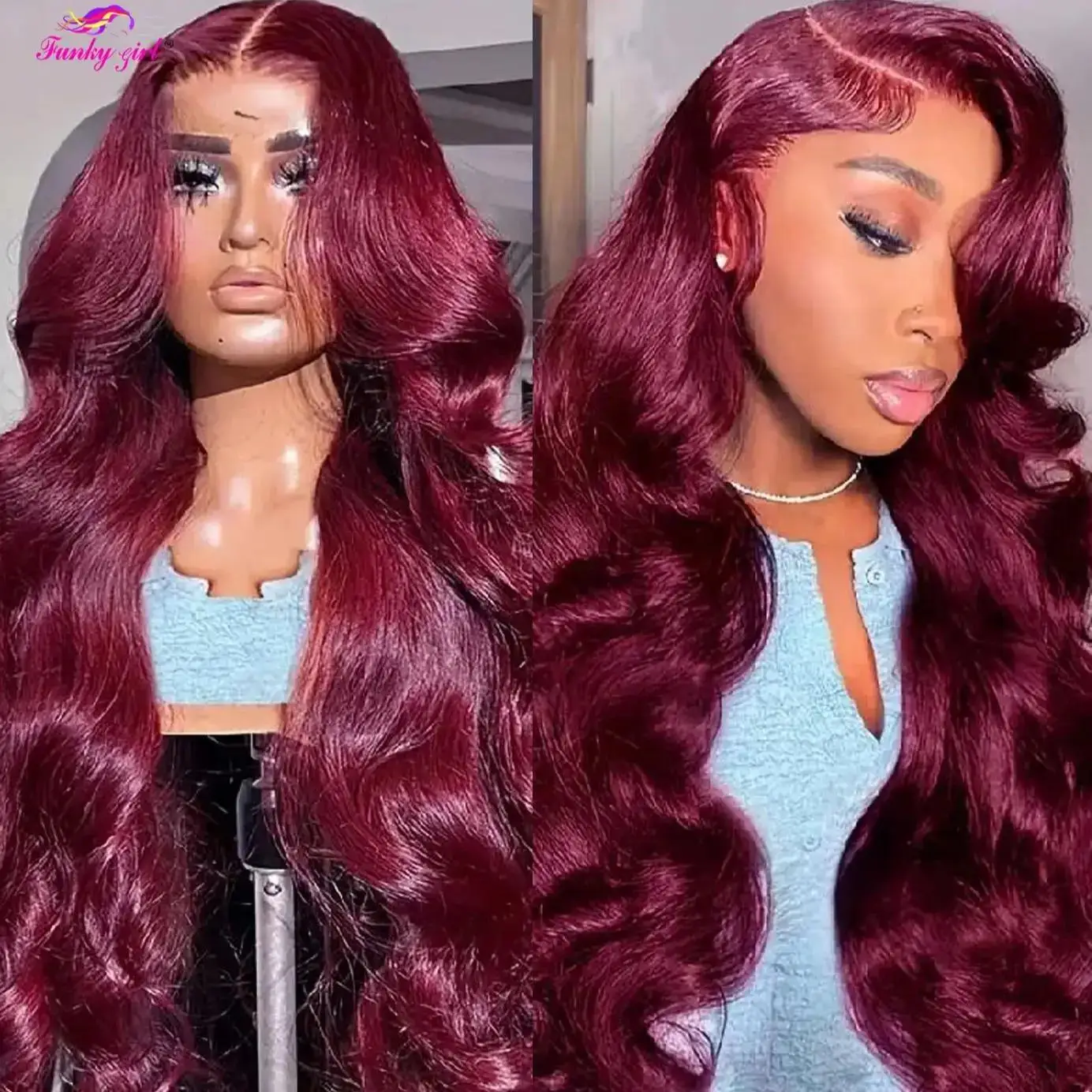 Funky Girl 99J Burgundy 13x4 Body Wave Lace Front Human Hair Wig Brazilian Red Colored 13x4 HD Transparent Lace Wigs For Women