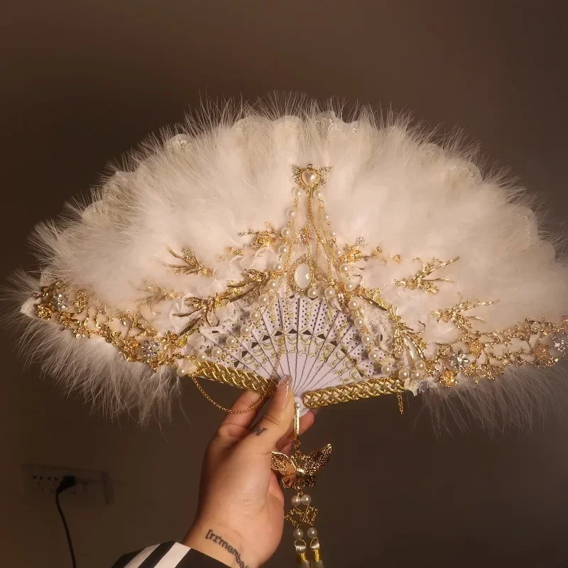 Feather Fan Lolita Dance Cheongsam Catwalk Show Folding Fan Retro Nostalgic Hanfu Fairy Lace Fan