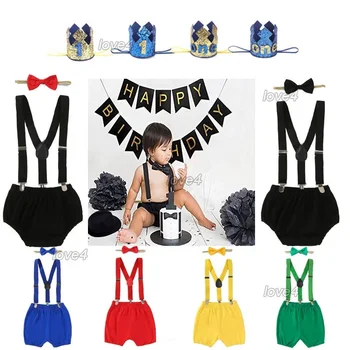 Bir Erkek Bebek 1. Doğum Günü Bebek Pasta Smash Kıyafeti - Prens 3-24M Yenidoğan Fotoğraf Çekimi Kıyafeti Bebek PP Şort + Jartiyer + kravat