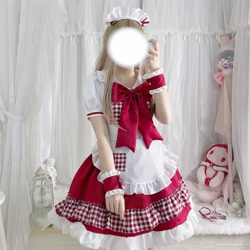 2025 Role Playing Red Grid Maid Uniform Temptation Set Sexy Pure Sensual Lolita Dress