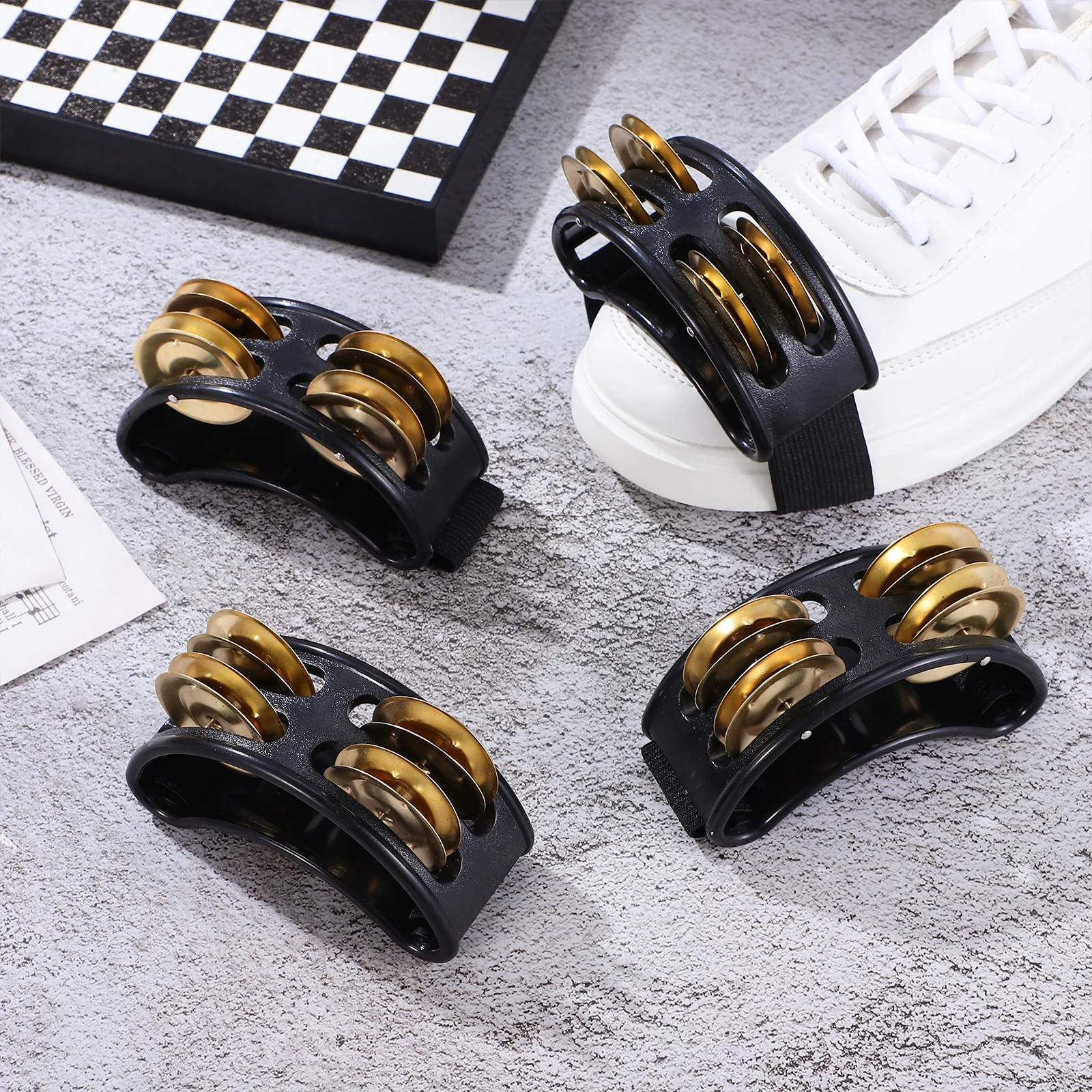 

4 Pcs Double Row Foot Rattle Drum Tambourine Black Gold Adult Kids Percussion Instrument Shaker Jingle Bells ABS Metal Comfort