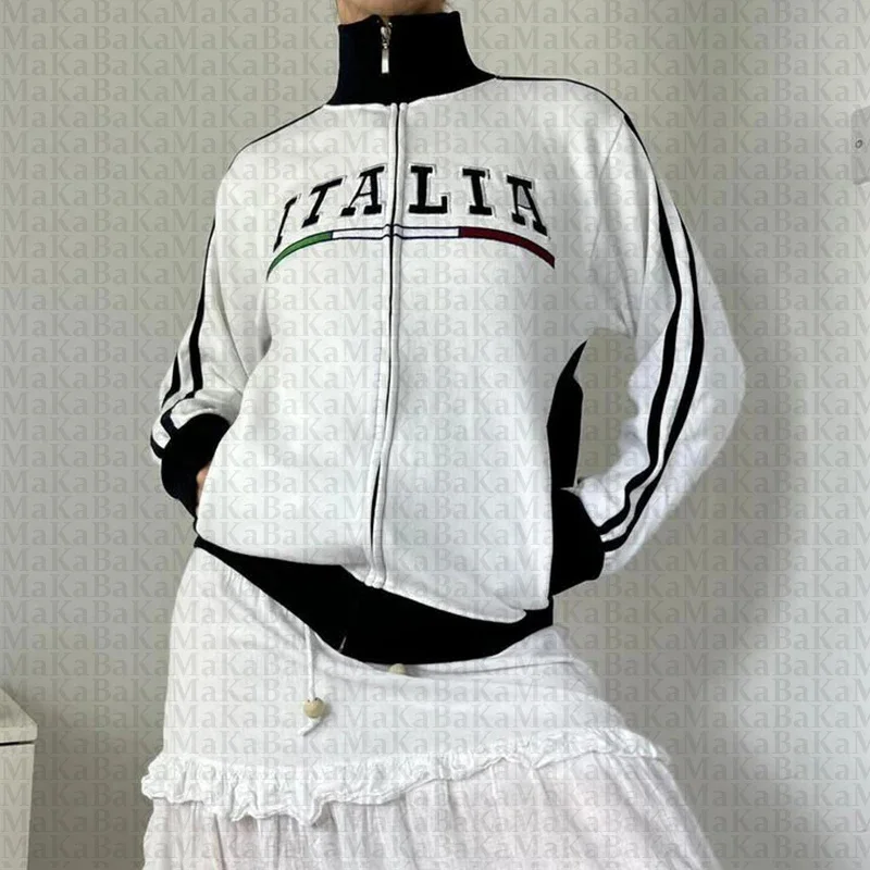 Retro Letter Printed Jacket, Long Sleeved Patch, Lapel, Street Wear, Cute Zipper Set, Fashionable Y2K, Autumn