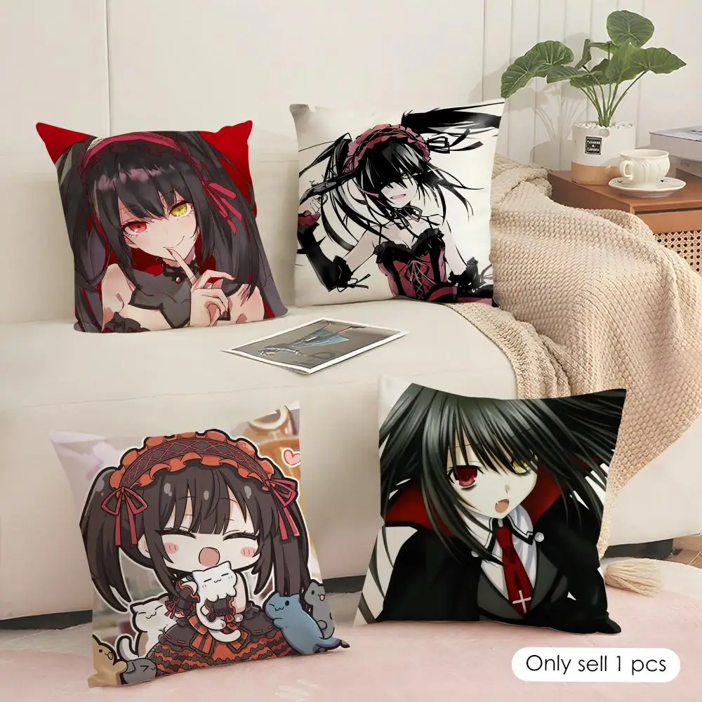T-Tokisaki Kurumi Cushion Cover Silky Short Plush Sofa Pillow Cover Hidden Zipper Soft Dustproof Case for Home Decor