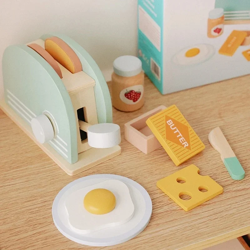 Wooden Simulation Toaster Toy Kids Pretend Kitchen Breakfast Play Set Toddler Boys Girls Gift view 2