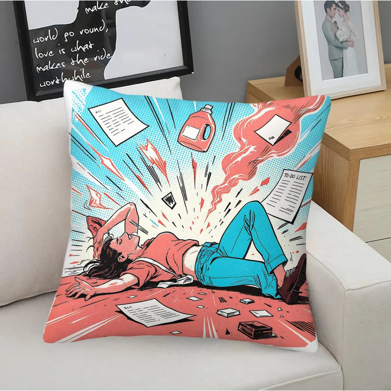 Office Burnout Throw Pillow With Pillow Inserts Tired Worker Messy Desk Coffee Cup Print Square Cushion Vintage Bed Sofa Decor