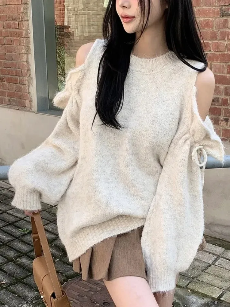 Chique outono inverno dstring oulder bared camisola de malha feminina solta camada base de emagrecimento longo sve poliéster macio