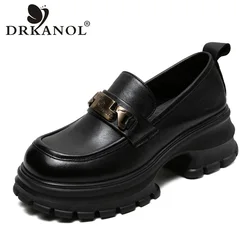 DRKANOL Genuine Cow Leather Loafers Women 2024 Autumn New Design Pumps Round Toe Metal Thick High Heel Chunky Platform Shoes