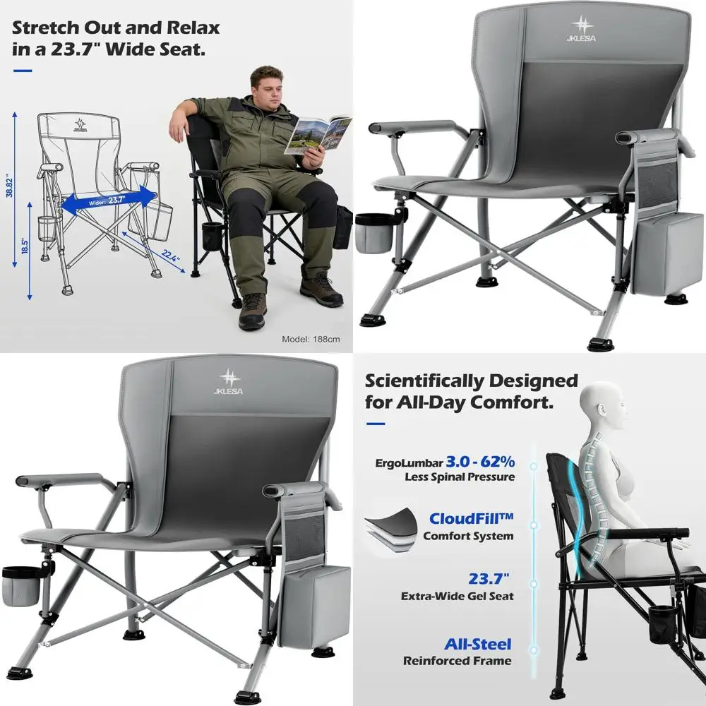 

Прочное кресло для кемпинга с усиленной обивкой, грузоподъемностью 400 фунтов и широким сиденьем 23,7 дюйма, для улицы, пляжа и вечеринок - черное