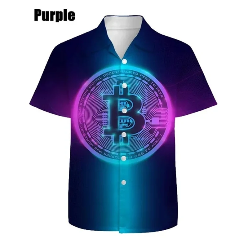 

New Fashion Men's Bitcoin 3d Printed Summer Short-sleeved Shirt Hawaiian Beach Button Lapel Tops Streetwear Breathable Shirts