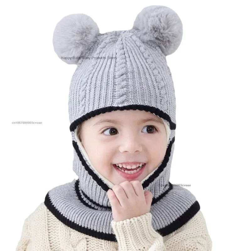 2-5Y Winter Baby Hat Scarf One-Piece Pompom Knit Hat for Kids Warm Neck Ball Cap for Girls Boys Windproof Beanies Infant Cap