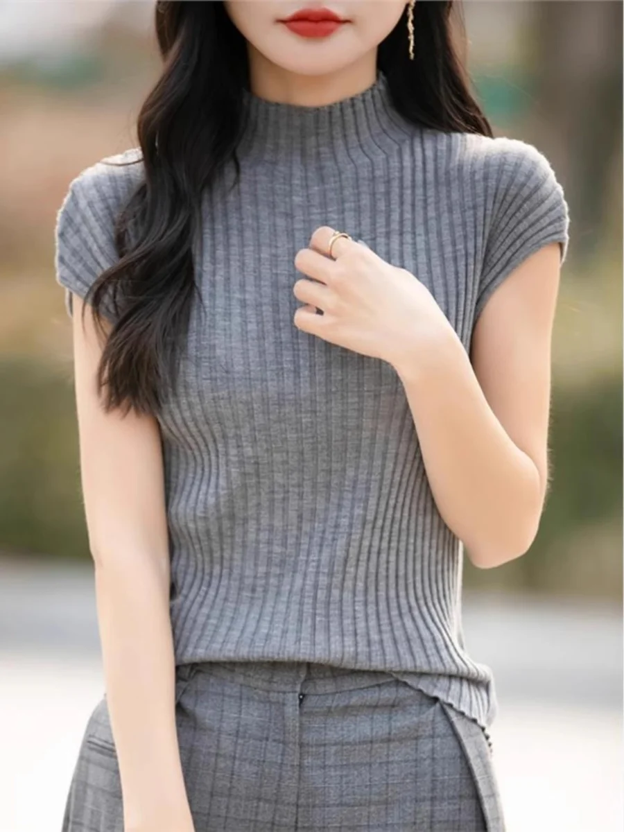 

Knitted f-High Collar ort Sve Women's T-irt oulder-Connected Fairy Wings Slim-Fit Waist-Enhancing Spring Tight In...