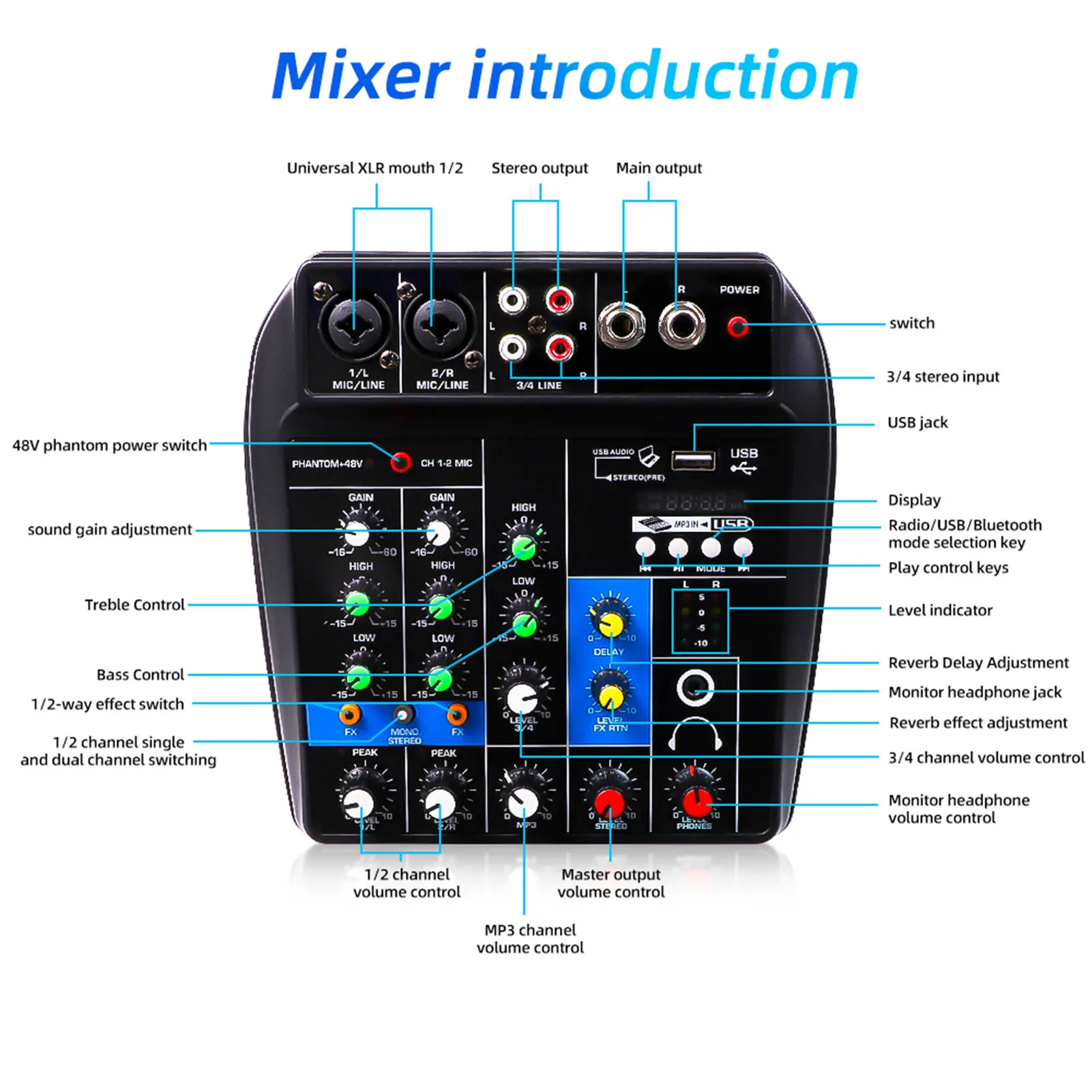 4 Channels Sound Mixing Console Desk System Interface Bluetooth-Compatible Music RecordingDJ Audio Equipment