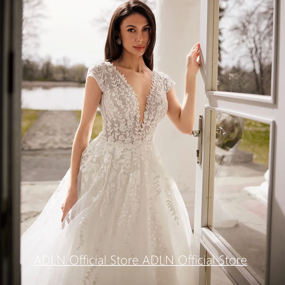 Классическое свадебное платье по индивидуальному заказу с V-образным вырезом и короткими рукавами, расшитое блестками и аппликацией, блестящее тюлевое свадебное платье трапециевидной формы, Vestido De Noiva