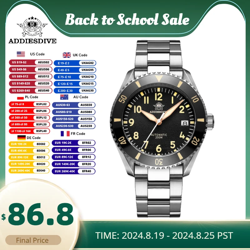 ADDIESDIVE Diving Watch 200M Waterproof Retro Sapphire Pot Cover Bubble Mirror C3 Super Luminous Watch NH35 Men Automatic Watch