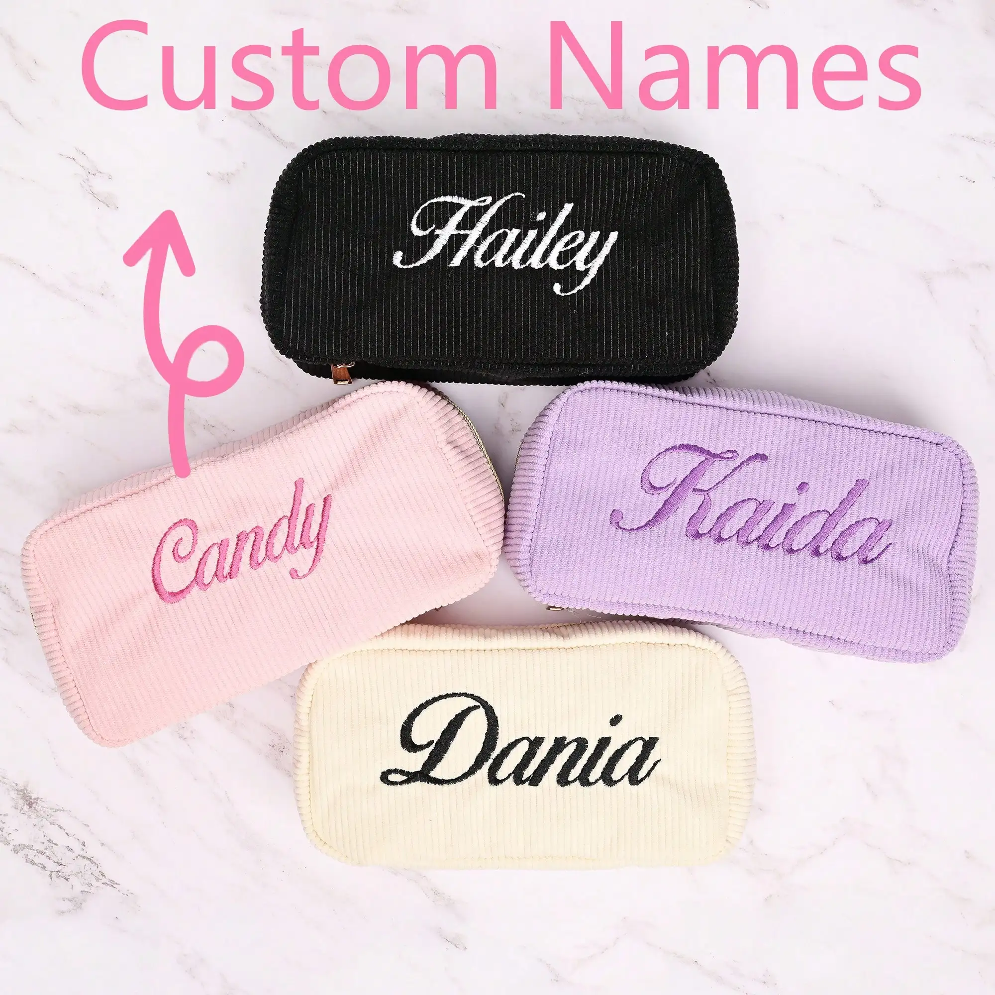 Personalized Custom Name Makeup Bag Women Corduroy Cosmetic Pouch Customized Embroidered Name Travel Toiletry Organizer Gift