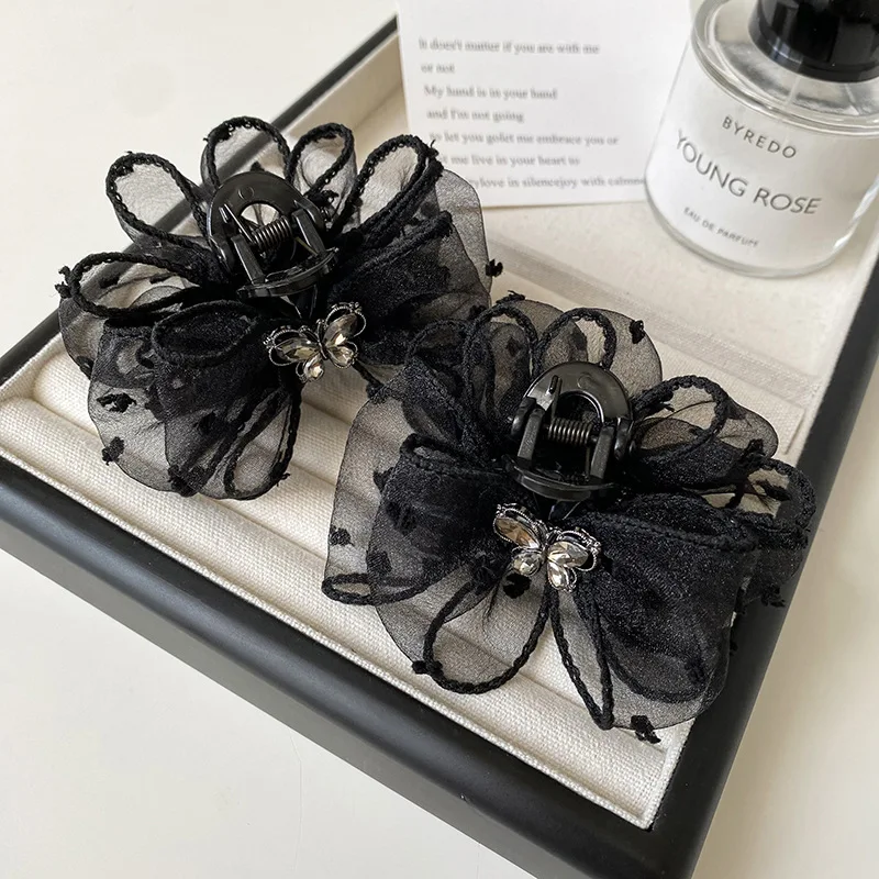 

1 шт. Черная сетчатая заколка-краб в горошек с бантом и стразами, плиссированная, для женских причесок, для пучка на затылке, премиум-класса