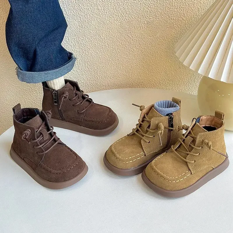 Kids Short Boots Retro Versatile Children Ankle Boots British Style Side Zip 2025 Autumn New Boys Girls Leather Boots Soft Sole