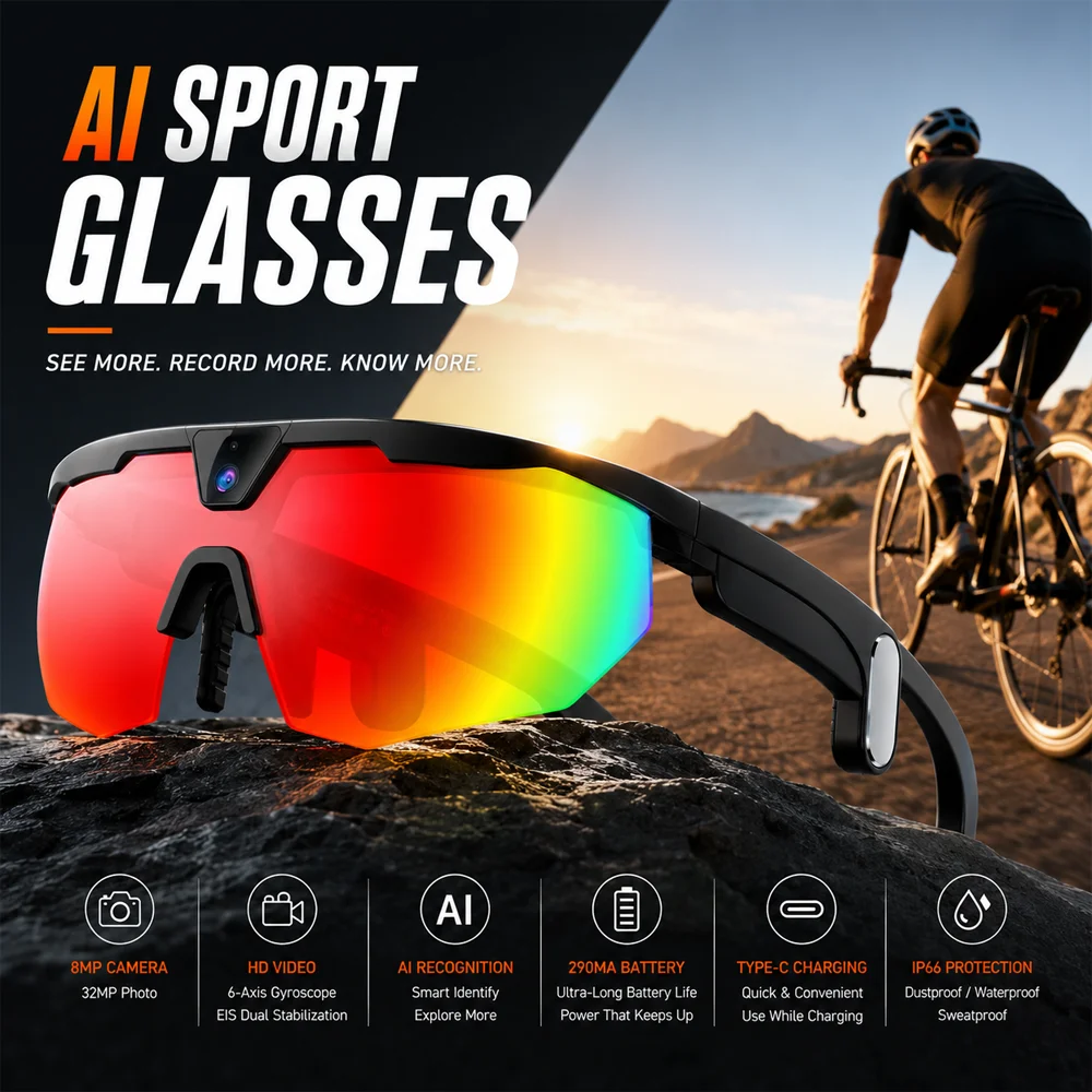 

Outdoor Sports Sunglasses 2026 New Smart Cycling Glasses BT Call AI Translation AI Conversation 32MP HD Photo 8MP HD Camera