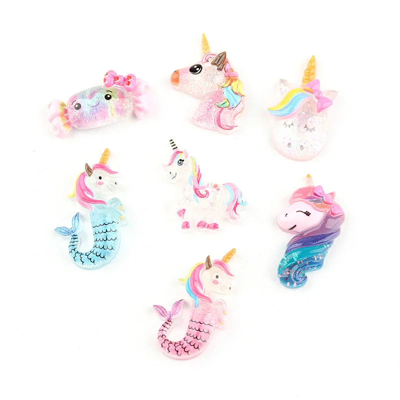 

100pcs Colorful Glitter Unicorn Fish Tail Resin Charm Flatback Cabochon 17*25mm DIY Scrapbook Decor Crafts Jewelry Making