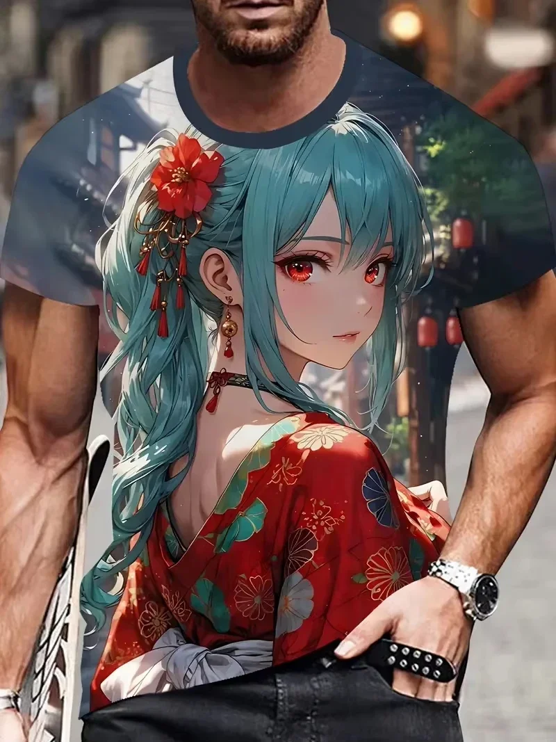 Summer Men's T-Shirt with Japanese 3D Anime Samurai Girl Print, Street Style, Unisex Loose Casual Quick-Drying Breathable Top