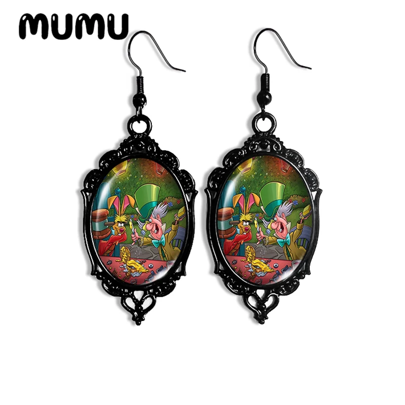 2024 New Alice in Wonderland Dangle Earring Black Lace Oval Earrings Handmade Glass Dome Jewelry Gifts