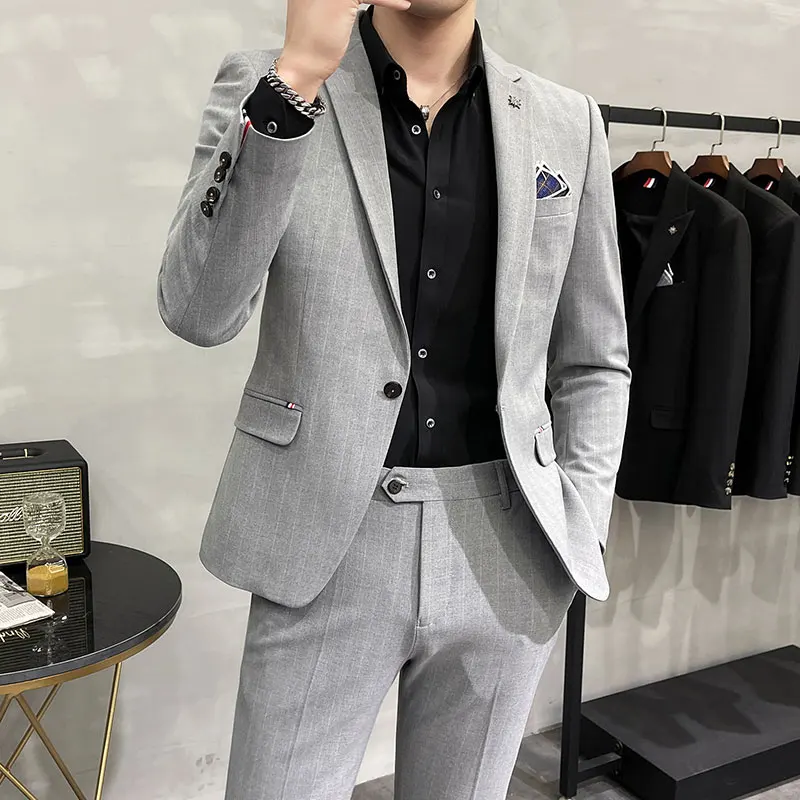 (Vestito + pantaloni) di alta qualità in due pezzi sposo matrimonio vestito di fascia alta Business Casual banchetto tutto Costume Homme De Luxe