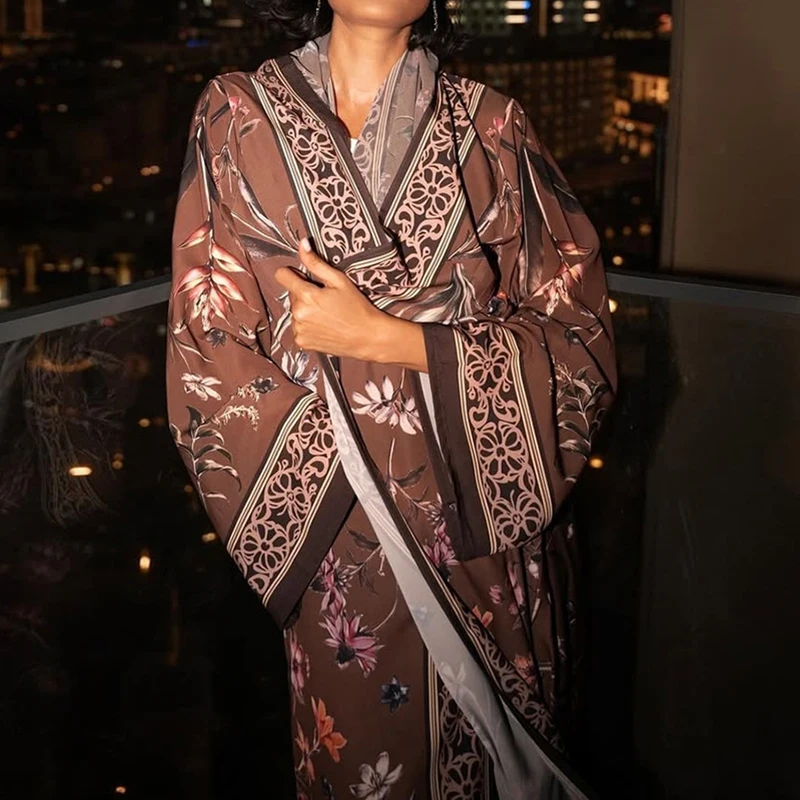 Floral Print Long Sleeved Loose Muslim Cardigan Elegant High Street Swing Vacation Jackets 2025 New Women's V Neck Autumn Coat