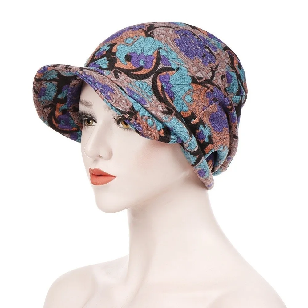 Slouch Design Print Design Chemo Caps Breathable Comfortable Hair Loss Cap Cotton Short Brimmed Visor Cap Head Scarf