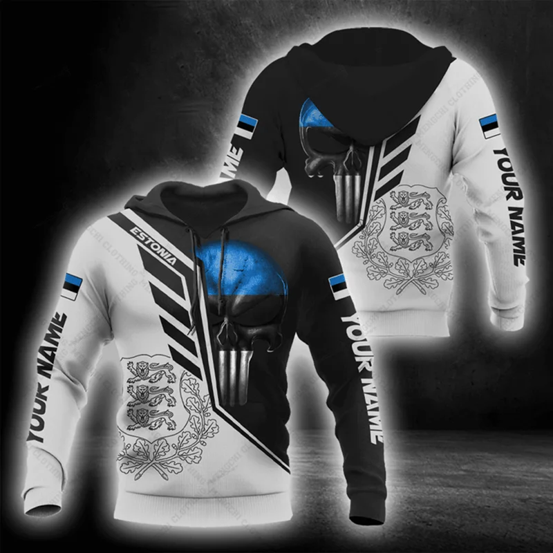 Зимние повседневные толстовки с эмблемой Эстонии и черепом по индивидуальному заказу, свободная повседневная повседневная одежда, уличная одежда большого размера для мальчиков и девочек