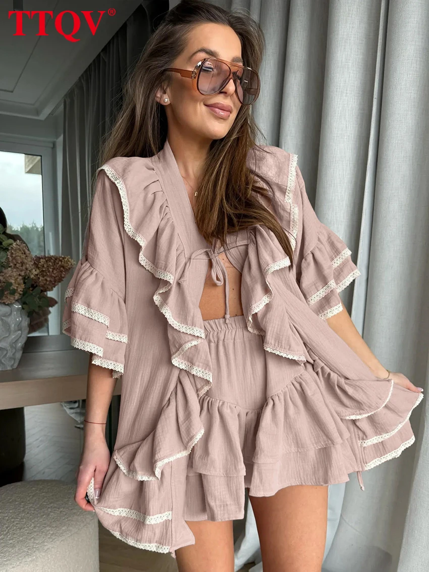 TTQV Fashion Loose Pink Cotton Skirt Set 2 Piece Woman 2026 Elegant Long Sleeve Shirt With High Waist Pleated Mini Skirt Set view 5