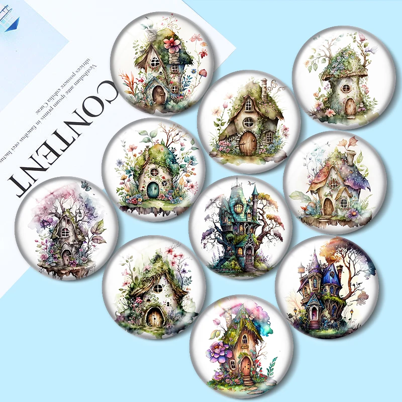 Watercolor fairy house  DIY 10pcs 12mm/16mm/18mm/30mm Round Photo Glass Cabochon 25mm Demo Flat Back Making findings