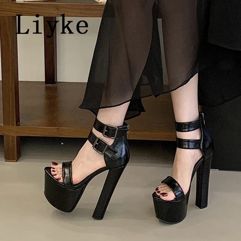 

Liyke Summer Extreme High Heels Sandals Women Black PU Leather Platform Open Toe Runway Fashion Banquet Party Shoes Size 35-45