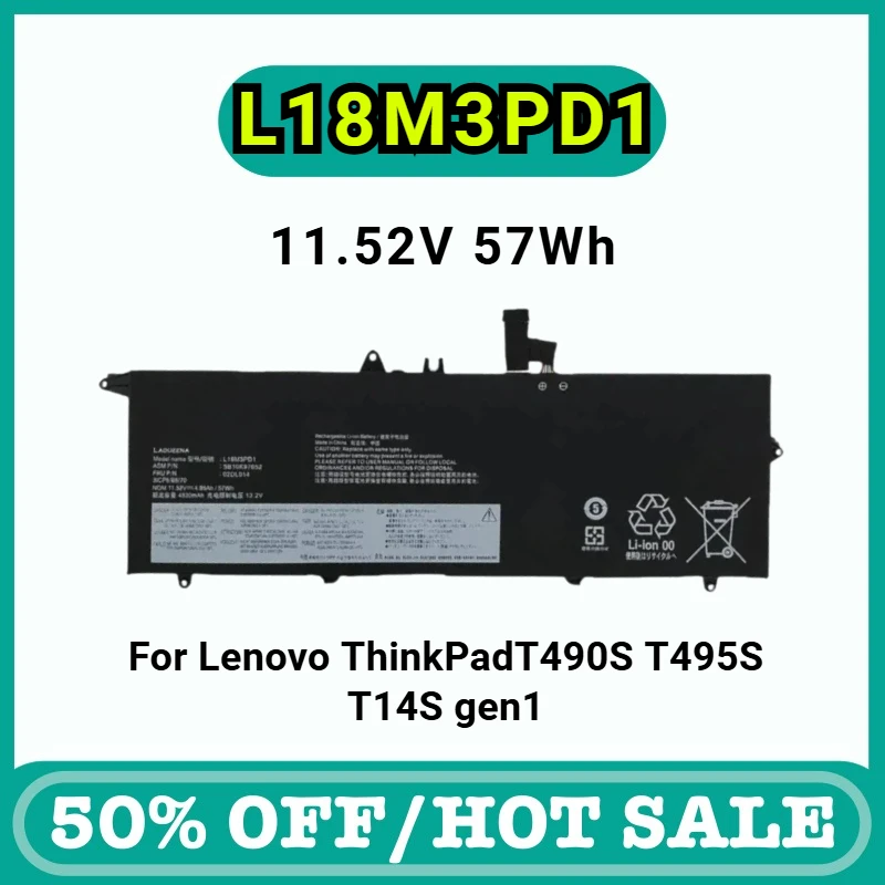 

L18M3PD1 57Wh Laptop Battery for Lenovo Thinkpad Notebook Battery T490s T495s T14S Gen1 L18M3PD2 L18c3pd2 L18l3pd1 Series