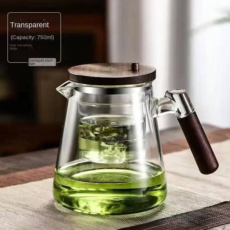 One Click Magnetic Switch Tea Separation Filtration Glass Tea Pot Wood Handle Tea Water Separation Inner Container Teapot