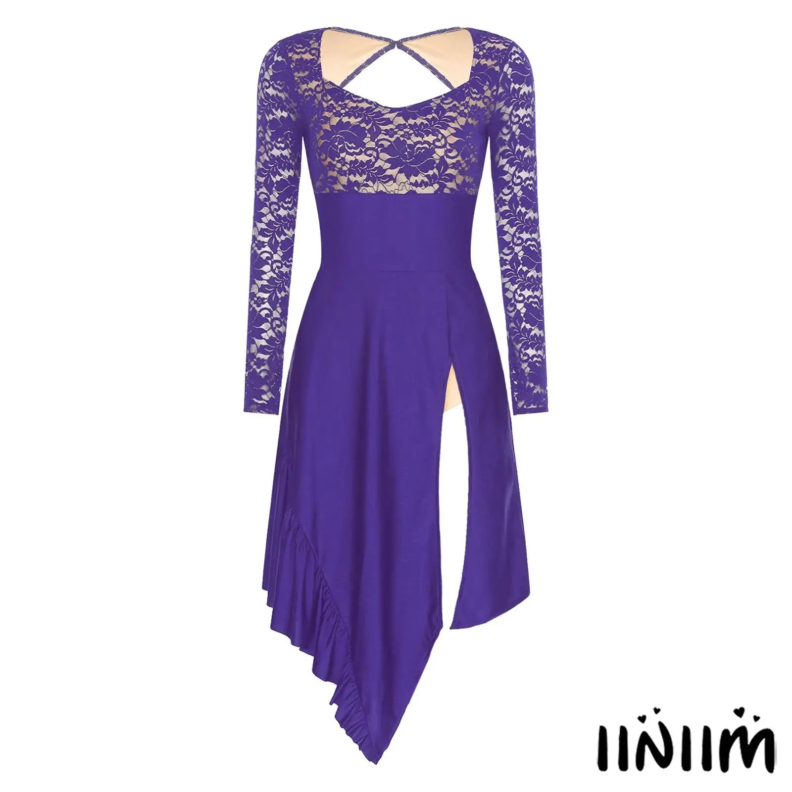 

Elegant Floral Lace Dance Dress for Womens Stretchy Backless Long Sleeve Ruffled for Latin Modern Dance Training Performances