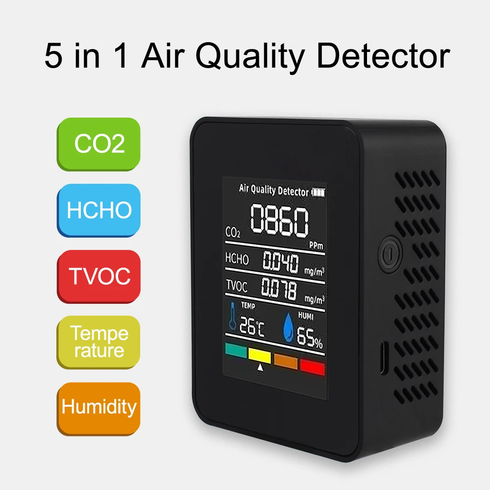 

LCD Rechargeable 5 In 1 Carbon Dioxide Detector CO2 HCHO TVOC Temperature Humidity Digital Air Quality Monitor Monitor Tester