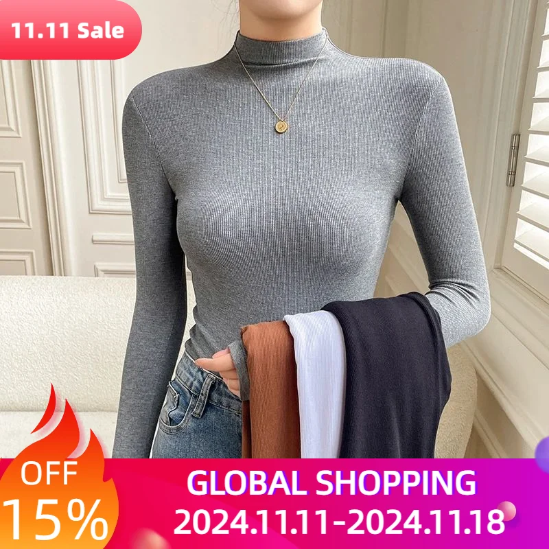 Threaded Turtleneck Bottom T-Shirt Women Inner Spring Autumn Winter Long Sleeve Tops Blouse Top Soft Simple Versatile