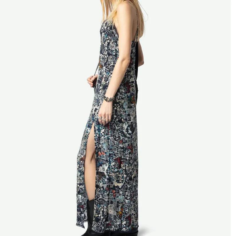 Ladies Halter Dress Casual Floral Printed Dresses Women Back Wing Robes Female Lace Backless Robe Fashion New V Neck Long Jupes