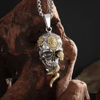 Unique Silver Color Snake Winding Skull Metal Pendant Domineering Men's Gothic Style Necklace Jewelry