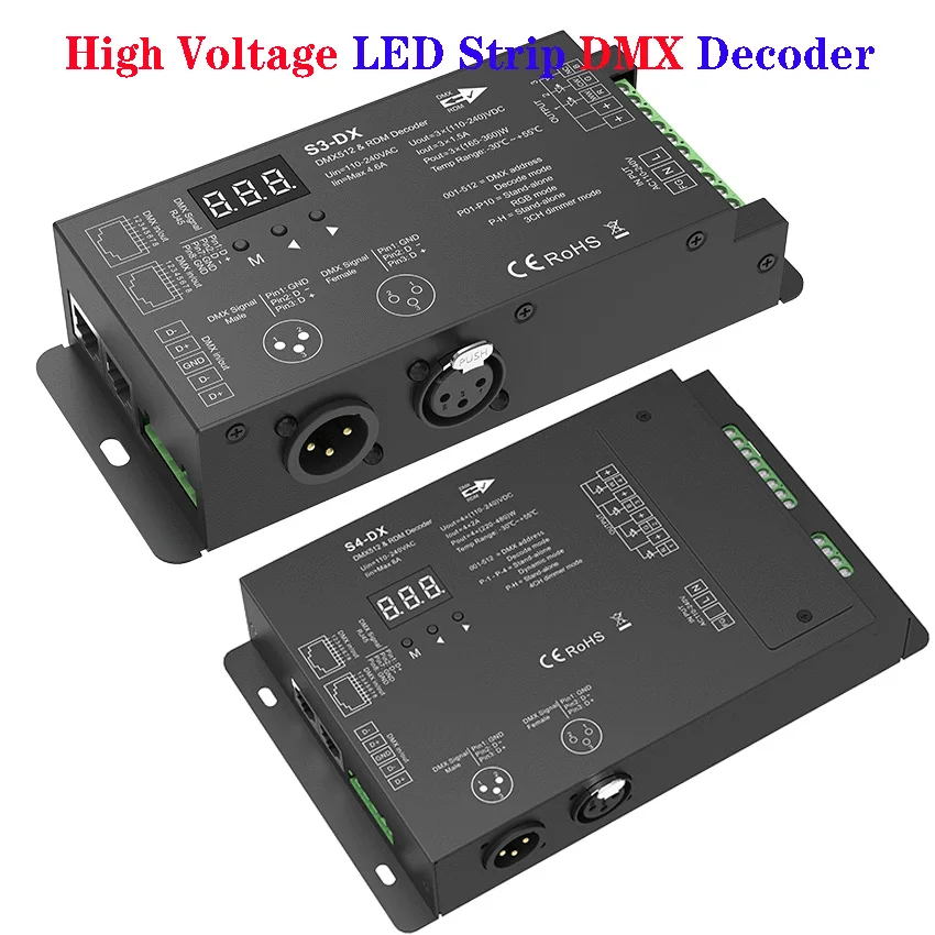 3CH*1.5A / 4CH*2A  110-240VAC High Voltage LED Strip DMX Decoder  XLR3 and RJ45 For RGB LED Lights DMX512 Decoder