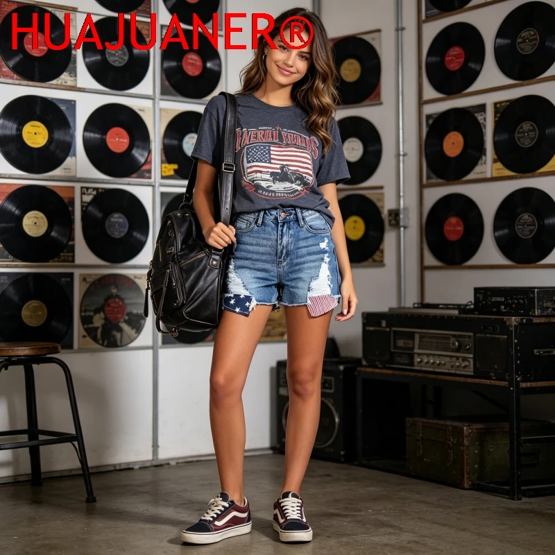 

Shorts Denim Shorts Washed Women Jean Ripped Print High Waist Hole Spliced Slim Fit Distressed Jeans 2026 Casual Pockets Summer
