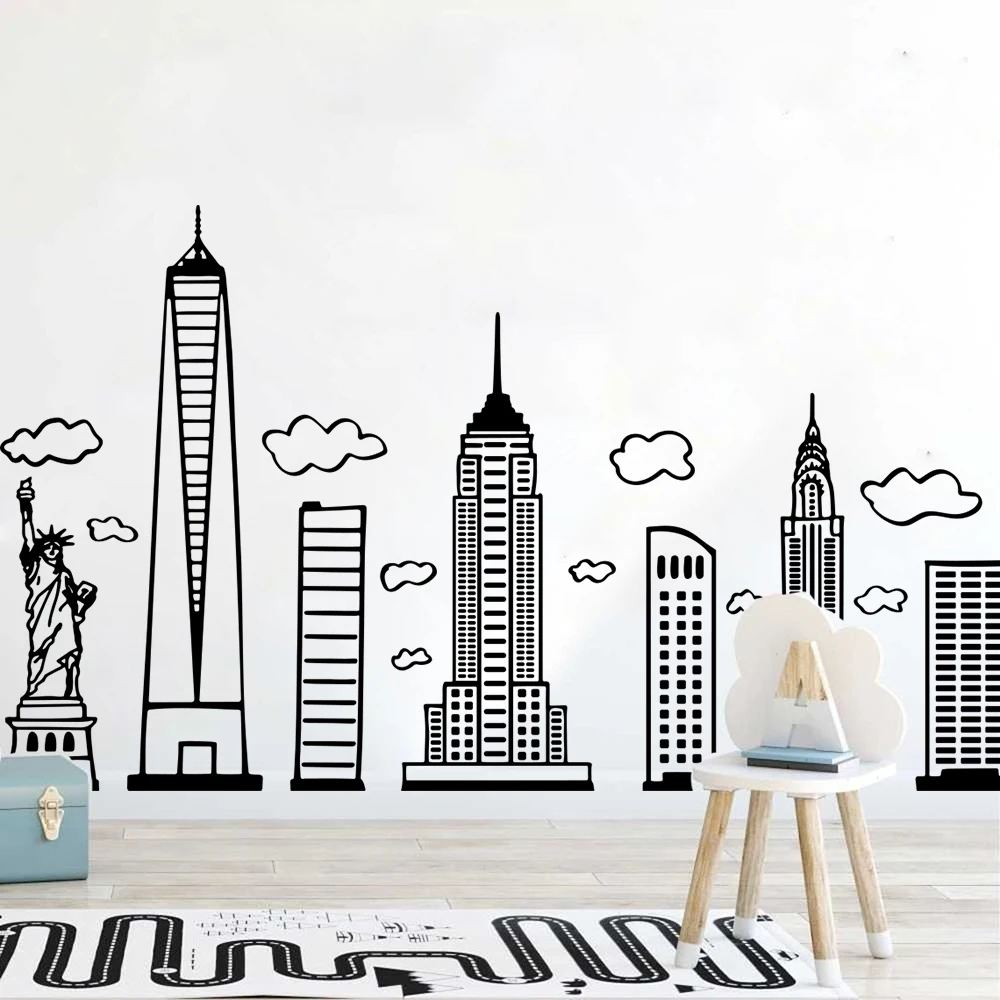 Duży Doodled nowy jork panorama miasta naklejka ścienna pokój zabaw pokój dzienny dzień dba szkoły biblioteki superbohater pokój Vinyl Decor — zdjęcie 3