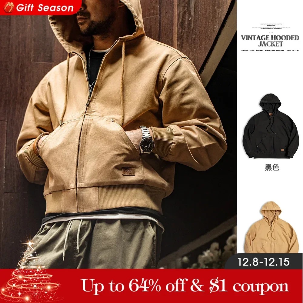 Maden Vintage J130 Heavyweight Hooded Jacket Canvas Classic Short Zip Front Solid Color Outerwear for Men Autumn Streetwear Coat