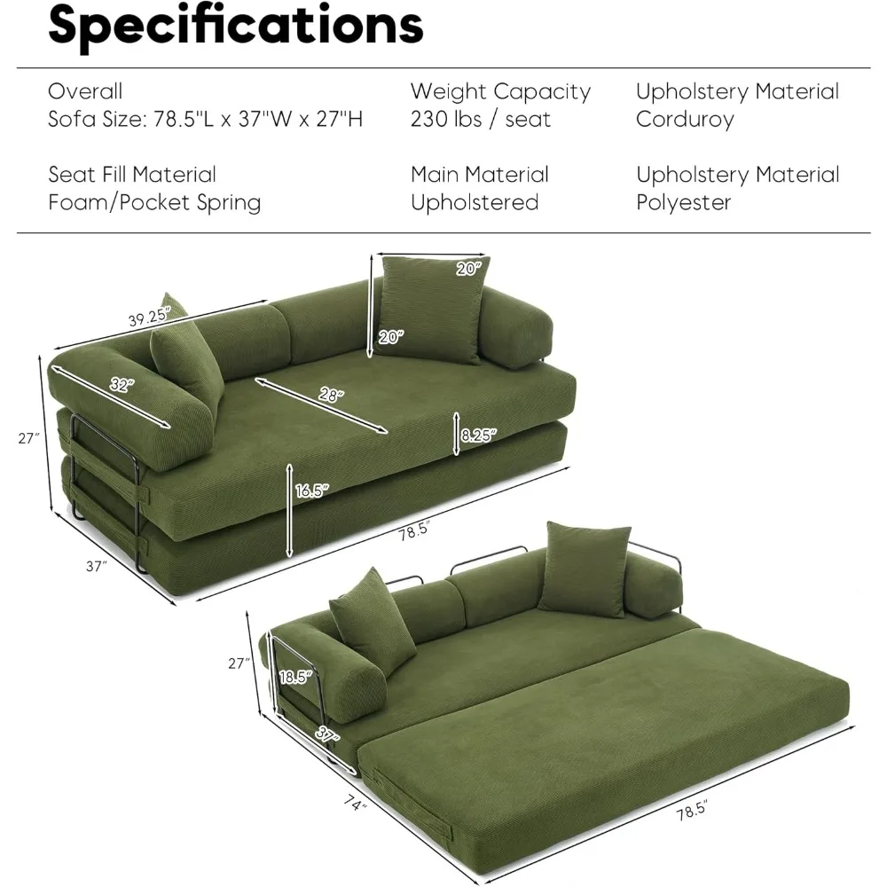 Convertible Sleeper Sofa Bed with Cylindrical Pillow, Corduroy Folding Mattress Couch，Fixed-Shape Frame, Floor Sofa Lounge Couch image 2
