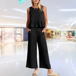 New Fashion Women Vest Tank Sleeveless Pocket Pant Ruffles Casual Wid Leg Elegant Loose Suits Jumpsuits