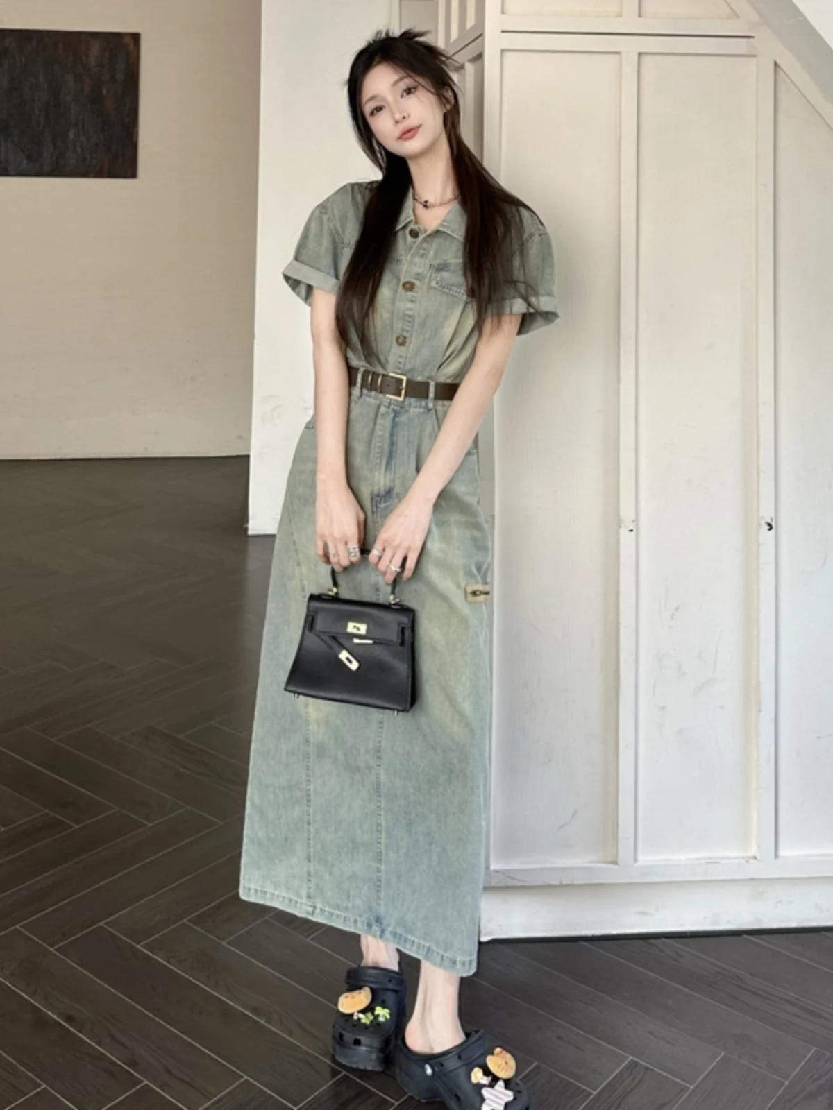 plus Size Vintage American Sle Denim Dr Women's Summer New Waist Cinching ort Sve Turn-down Collar Midi Skirt