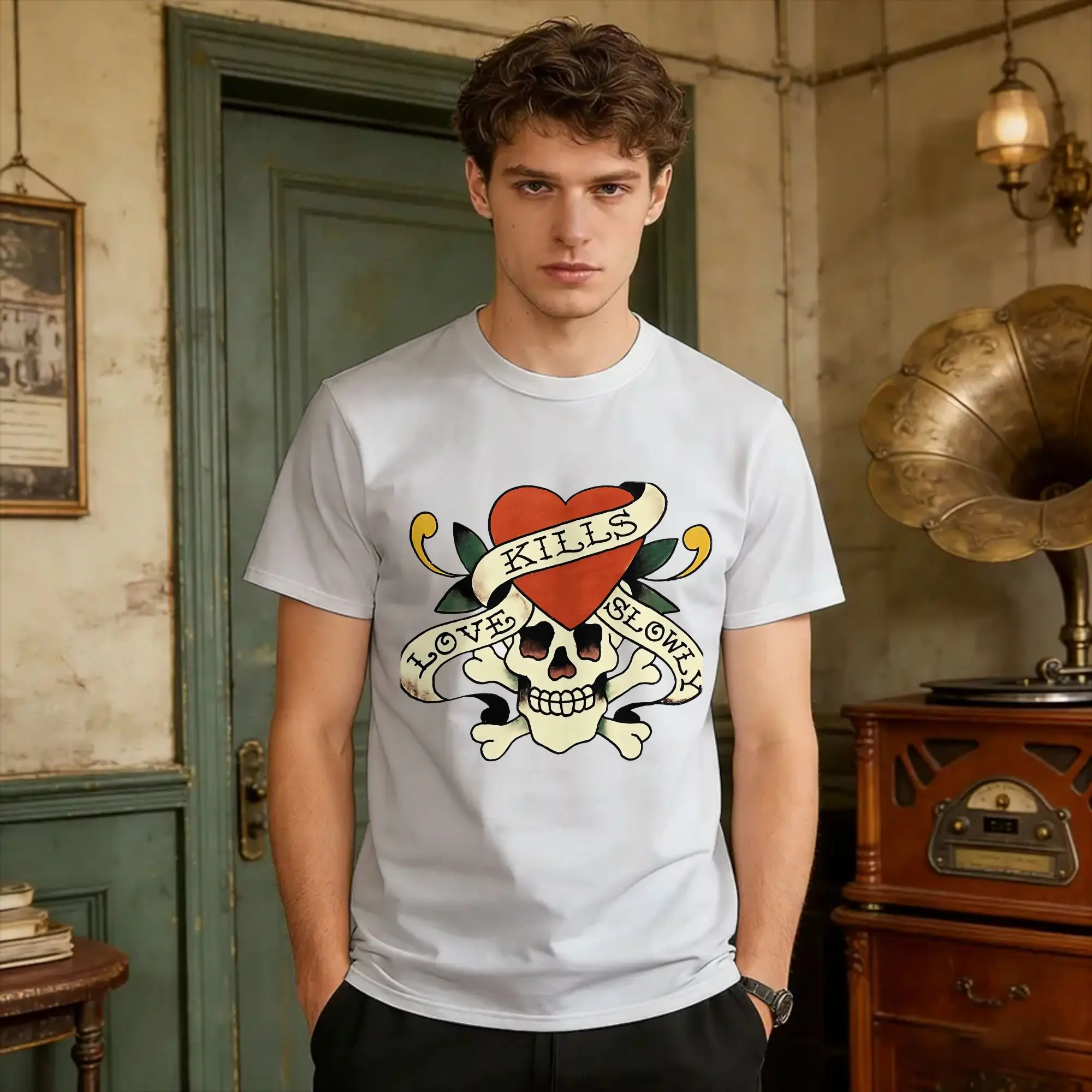 Men's Love Kills Slowly  T Shirts Ed-Hardys Cotton Clothing Summer Short-Sleeve T Shirt Crewneck Trendy Cool Loose Tshirt